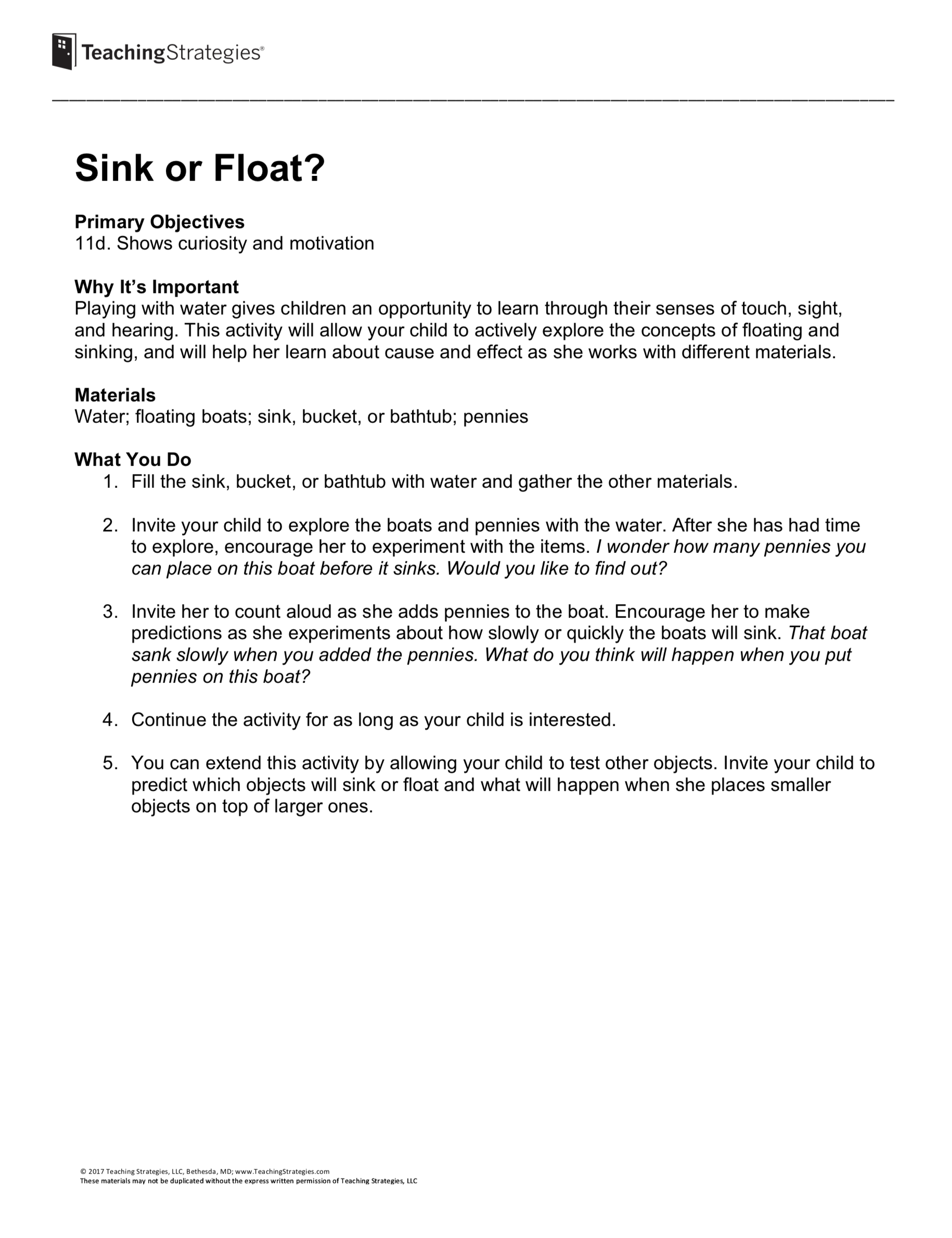 Sink or Float? Preschool Resource
