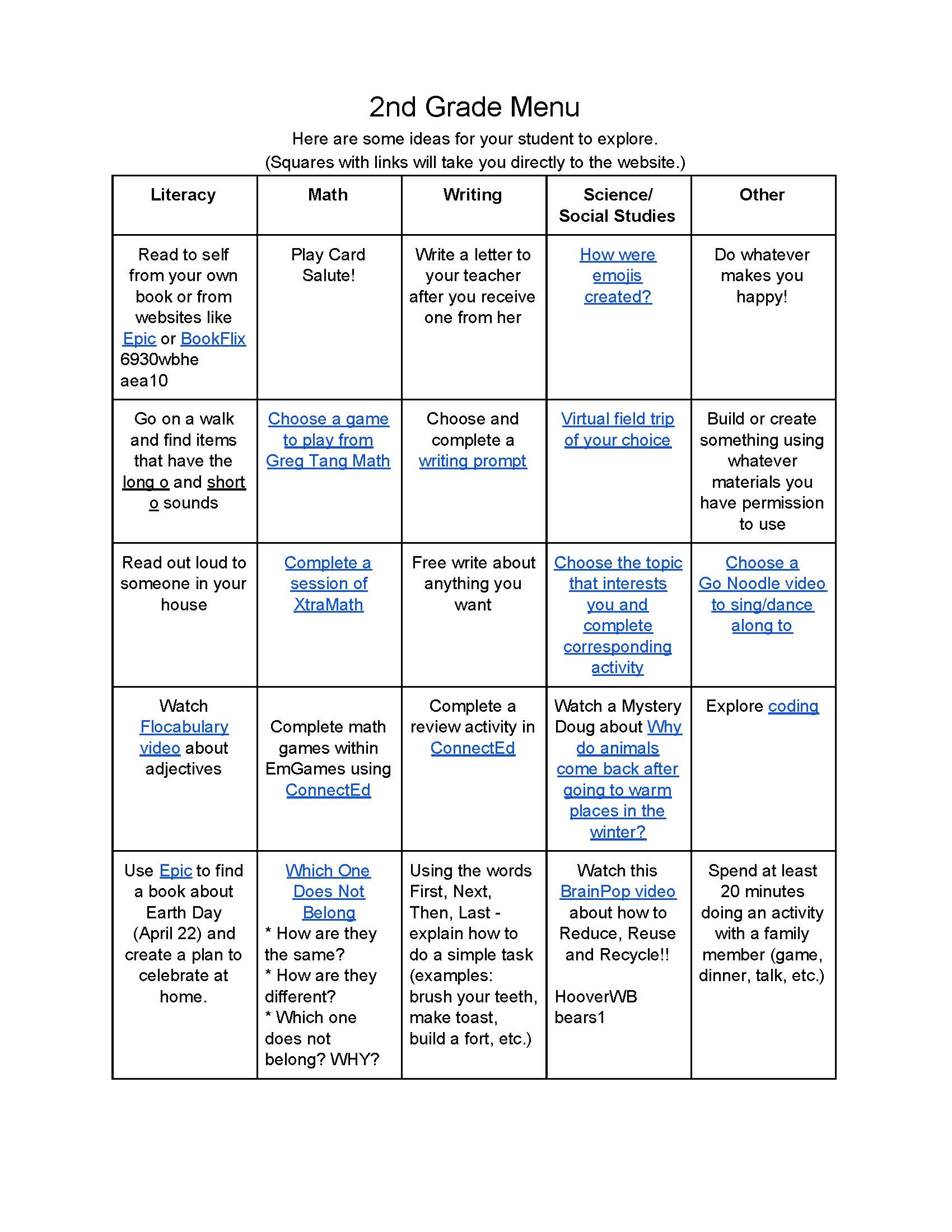 2nd grade menu resource week 4 west branch community school district