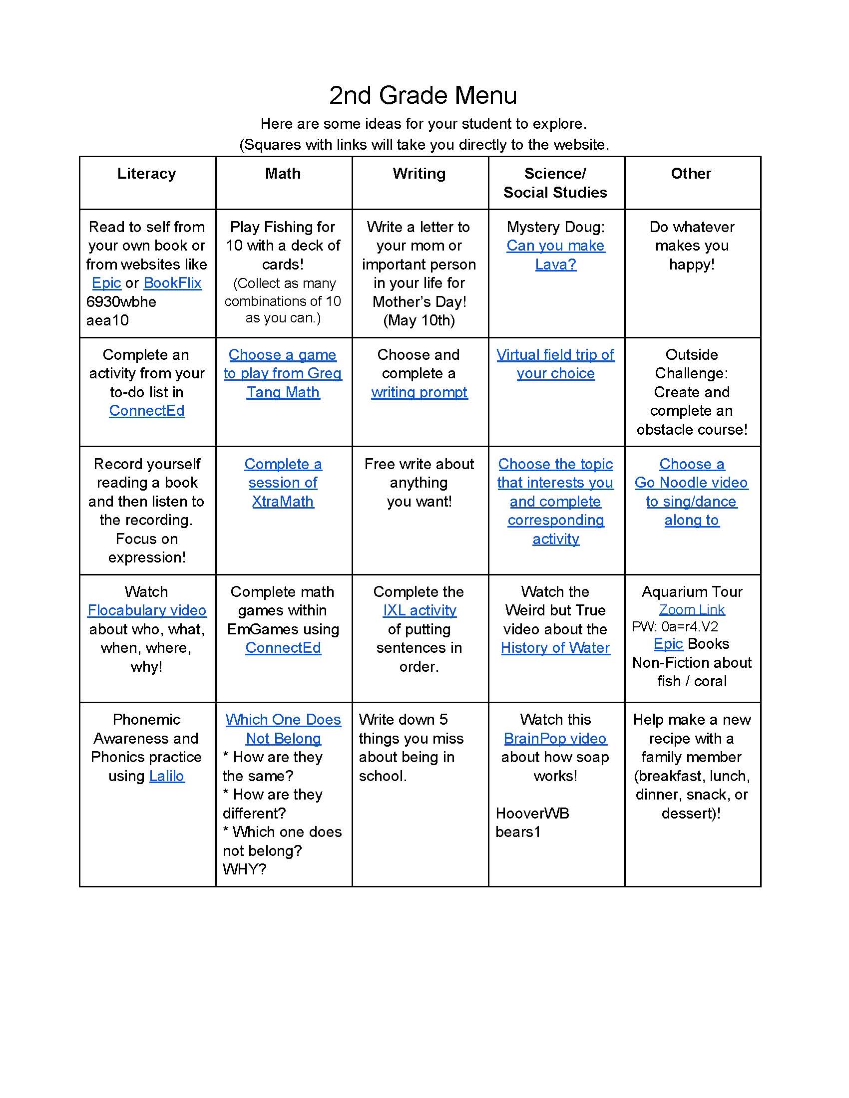2nd grade menu resource week 6 west branch community school district