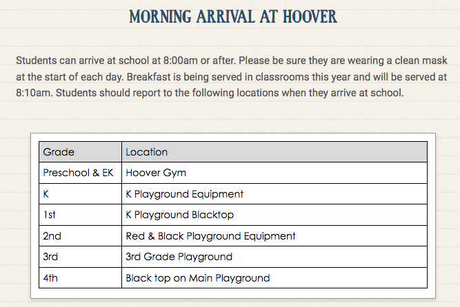 West Branch Elementary Morning arrival Schedule